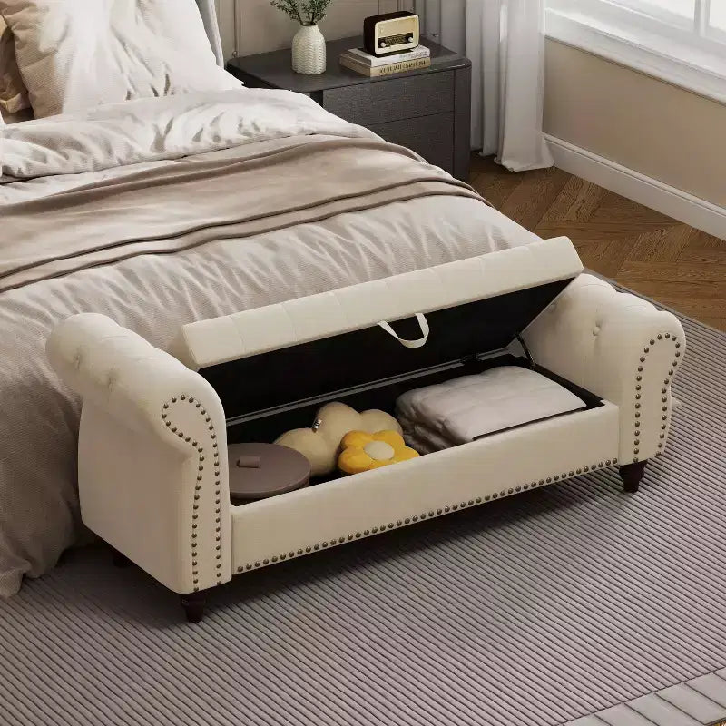 Banc de lit capitonné avec rangement, revêtement en velours bleu lac