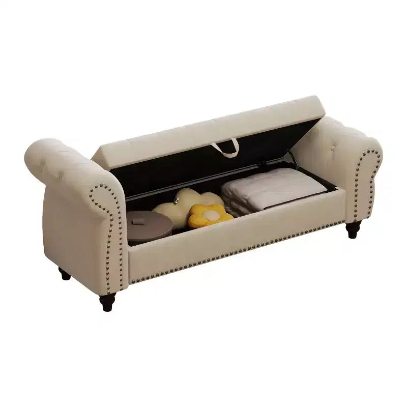 Banc de lit capitonné avec rangement, revêtement en velours bleu lac