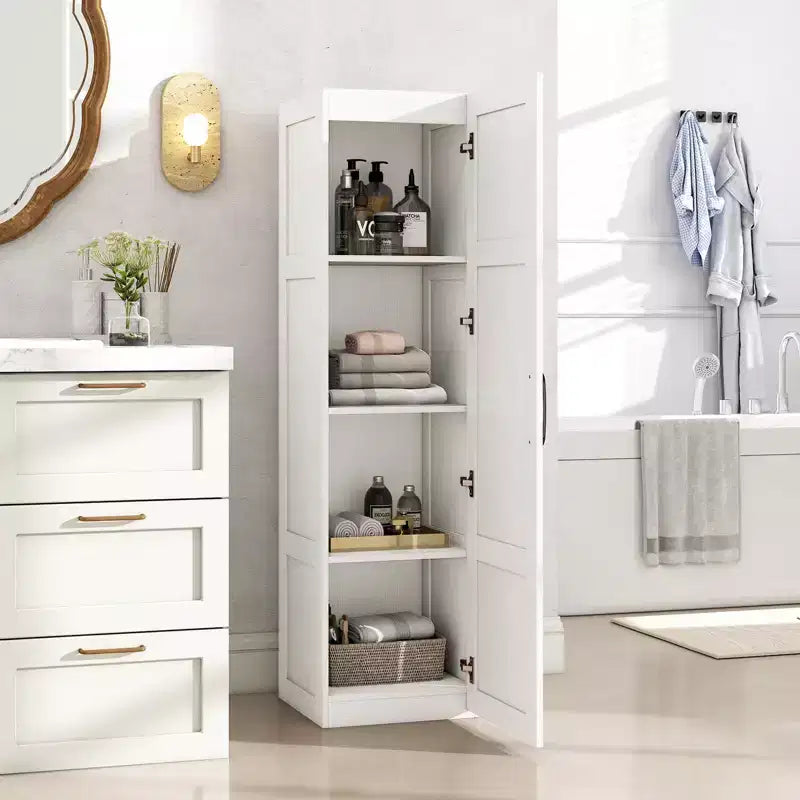 Meuble de rangement 4 niveaux avec porte, Armoire de salle de bain autoportante pour petits espaces, Noir/Naturel/Blanc