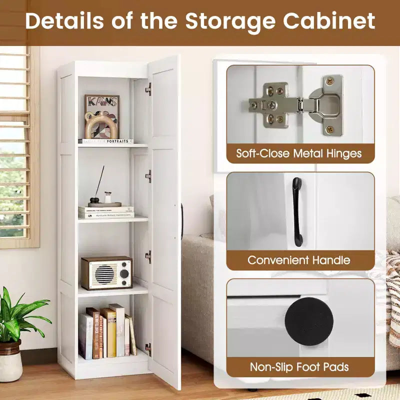 Meuble de rangement 4 niveaux avec porte, Armoire de salle de bain autoportante pour petits espaces, Noir/Naturel/Blanc
