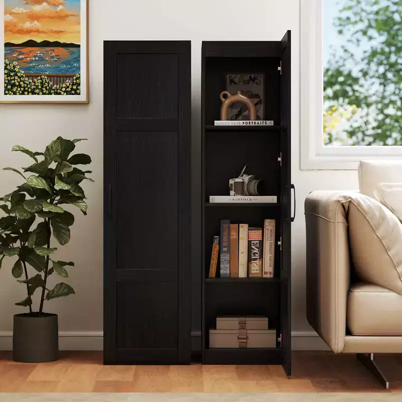 Meuble de rangement 4 niveaux avec porte, Armoire de salle de bain autoportante pour petits espaces, Noir/Naturel/Blanc