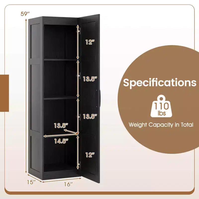 Meuble de rangement 4 niveaux avec porte, Armoire de salle de bain autoportante pour petits espaces, Noir/Naturel/Blanc