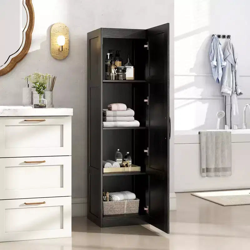 Meuble de rangement 4 niveaux avec porte, Armoire de salle de bain autoportante pour petits espaces, Noir/Naturel/Blanc