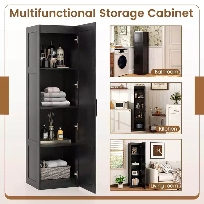 Meuble de rangement 4 niveaux avec porte, Armoire de salle de bain autoportante pour petits espaces, Noir/Naturel/Blanc