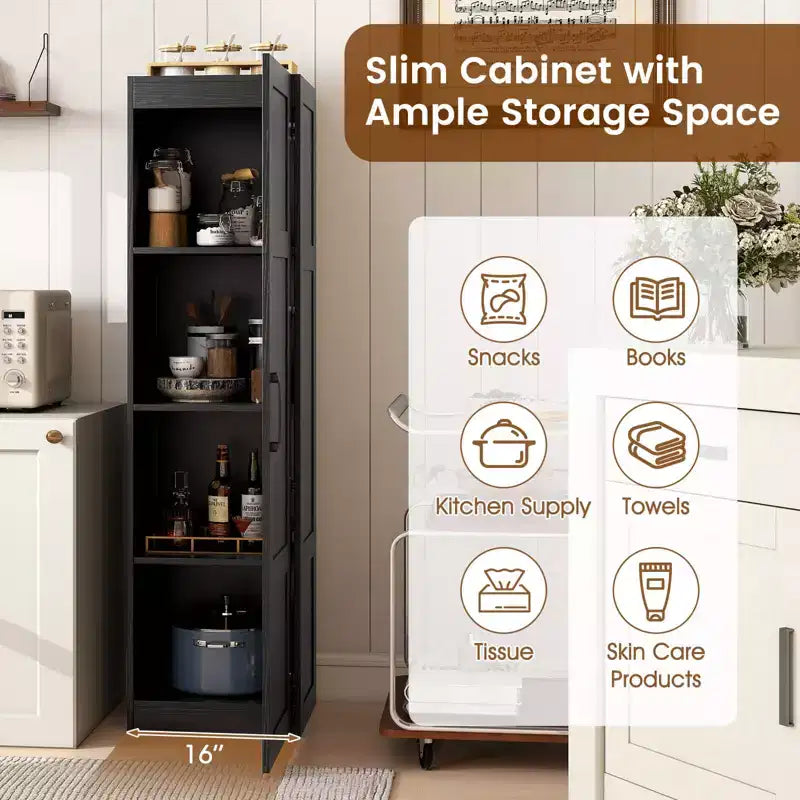 Meuble de rangement 4 niveaux avec porte, Armoire de salle de bain autoportante pour petits espaces, Noir/Naturel/Blanc