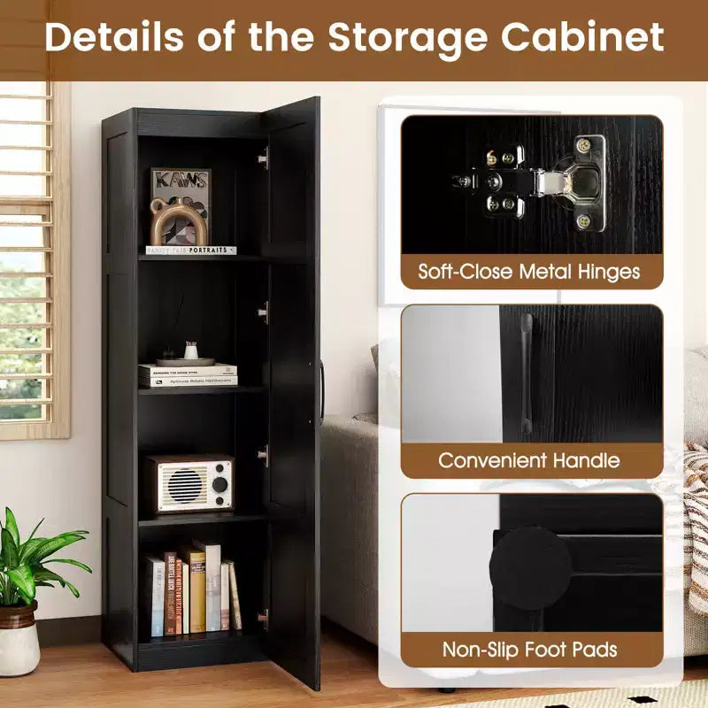 Meuble de rangement 4 niveaux avec porte, Armoire de salle de bain autoportante pour petits espaces, Noir/Naturel/Blanc