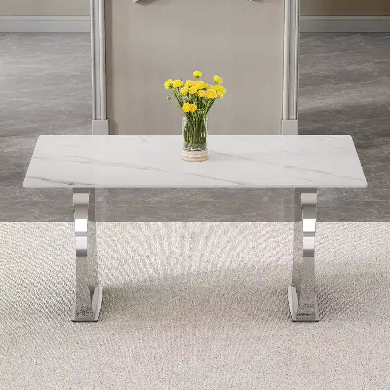 Table de salle à manger rectangulaire avec plateau en motif de pierre, table de cuisine pour salle à manger, salon, bureau