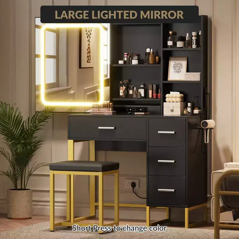 Coiffeuse, coiffeuse avec miroir et lumières, prises de courant, coiffeuse avec chaise rembourrée