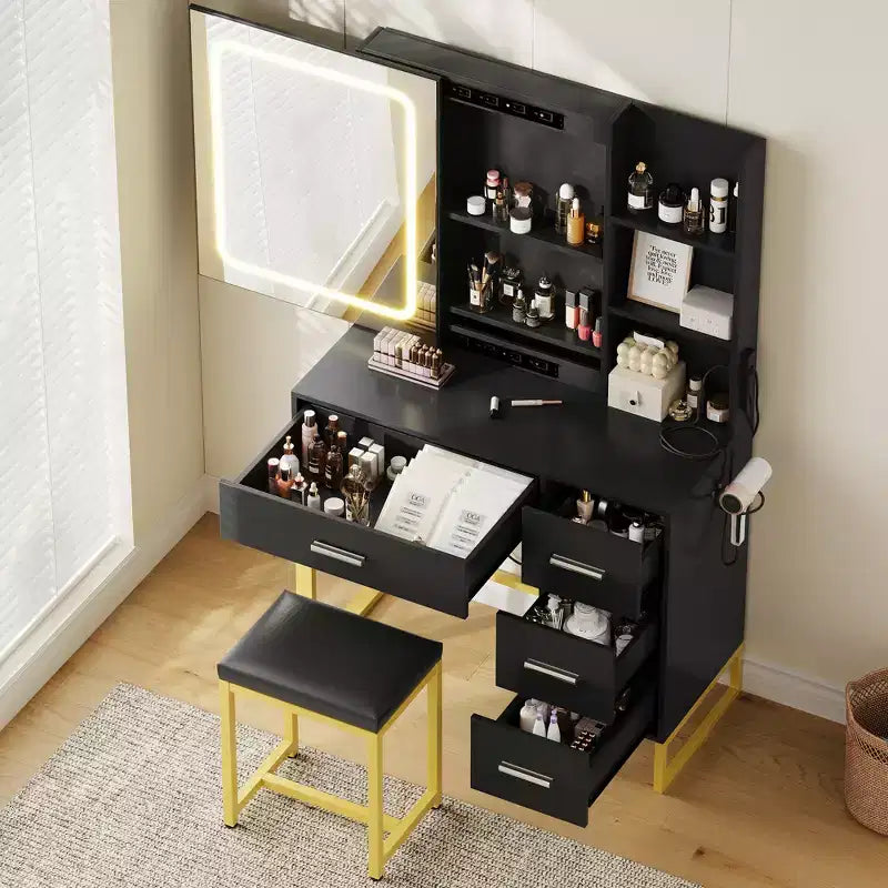 Coiffeuse, coiffeuse avec miroir et lumières, prises de courant, coiffeuse avec chaise rembourrée