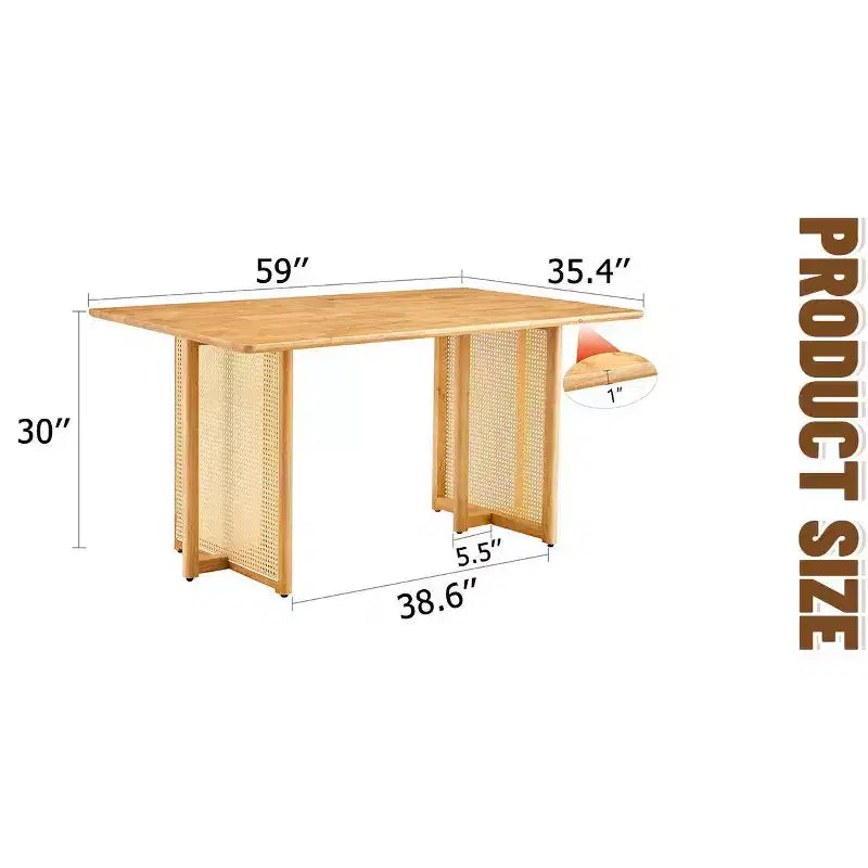 Table à manger rétro en bois avec design en rotin synthétique pour salle à manger, salon, bureau