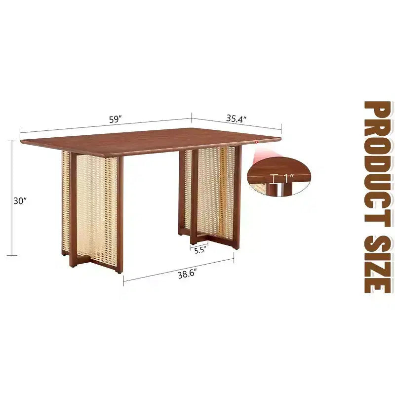 Table à manger rétro en bois avec design en rotin synthétique pour salle à manger, salon, bureau