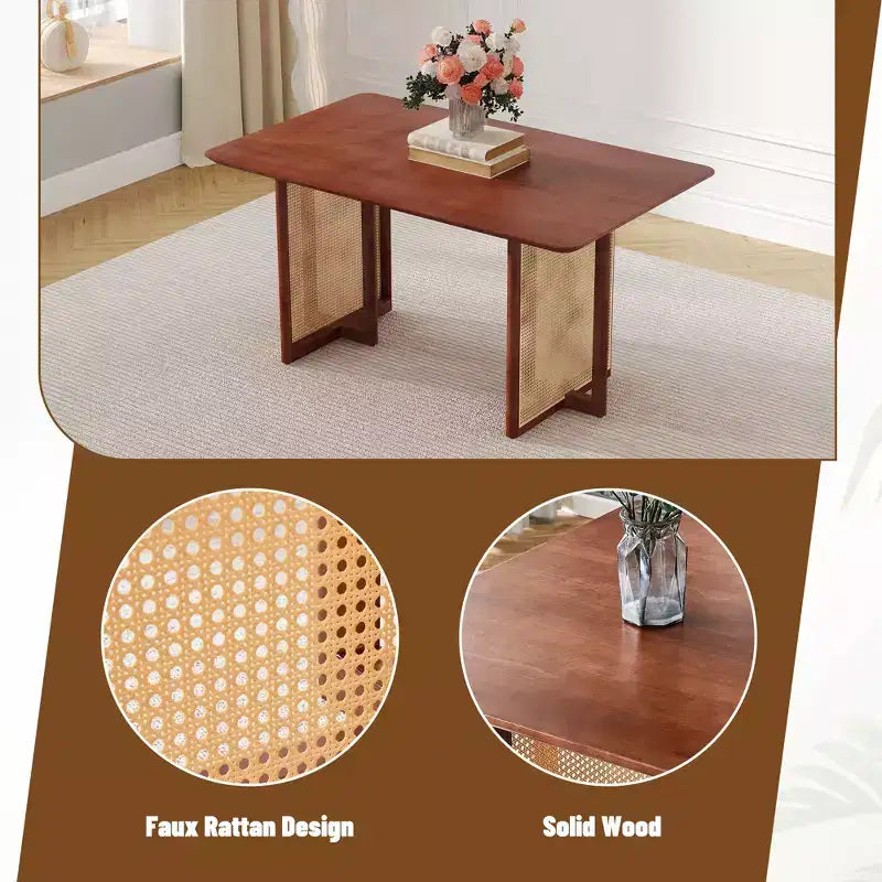 Table à manger rétro en bois avec design en rotin synthétique pour salle à manger, salon, bureau