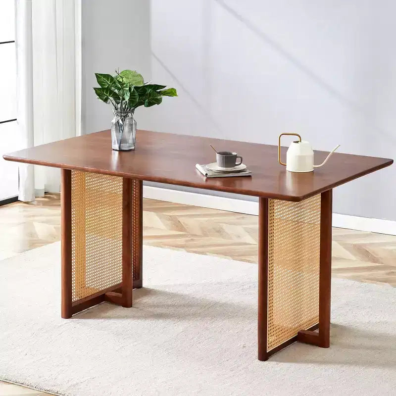Table à manger rétro en bois avec design en rotin synthétique pour salle à manger, salon, bureau