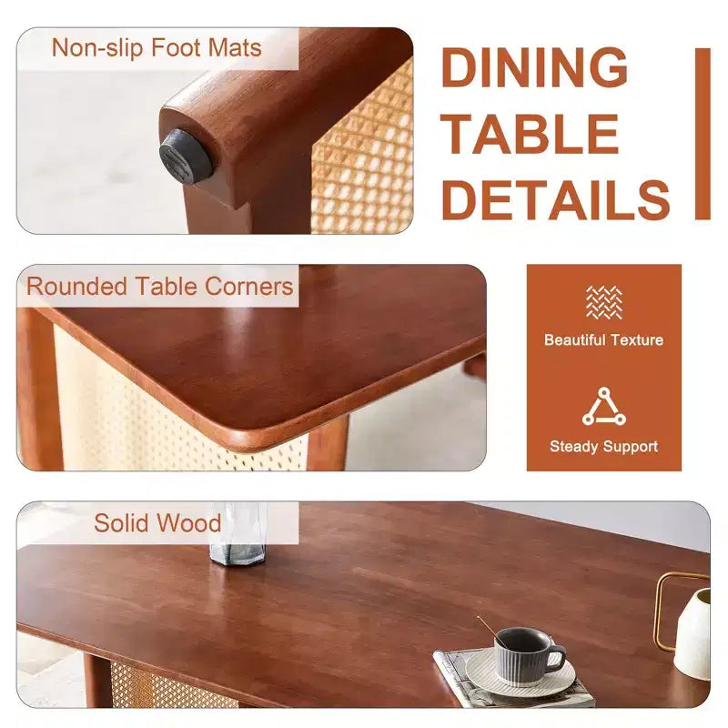 Table à manger rétro en bois avec design en rotin synthétique pour salle à manger, salon, bureau