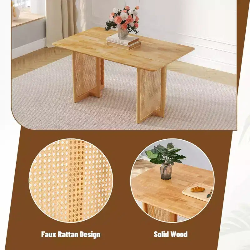 Table à manger rétro en bois avec design en rotin synthétique pour salle à manger, salon, bureau