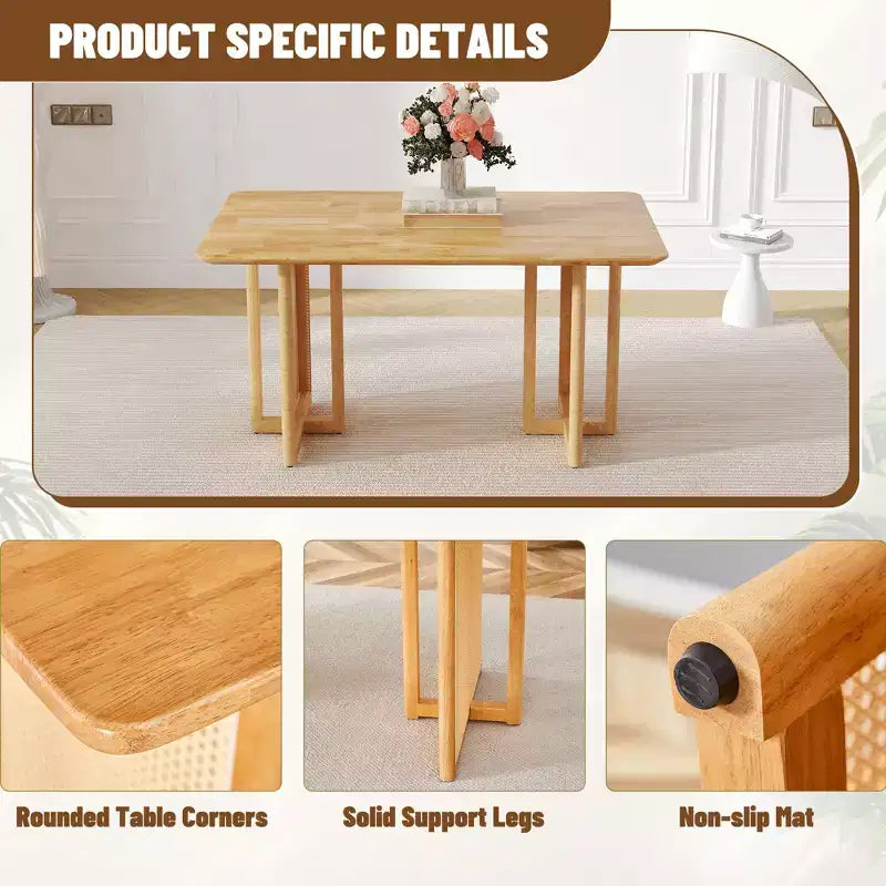 Table à manger rétro en bois avec design en rotin synthétique pour salle à manger, salon, bureau