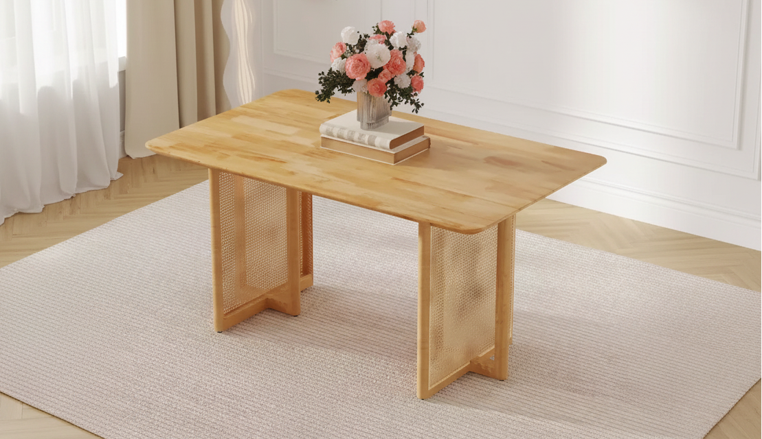 Okak Retro Wood Dining Table, Modern Imitation Rattan Dining Table for Dining Room, Living Room, Office