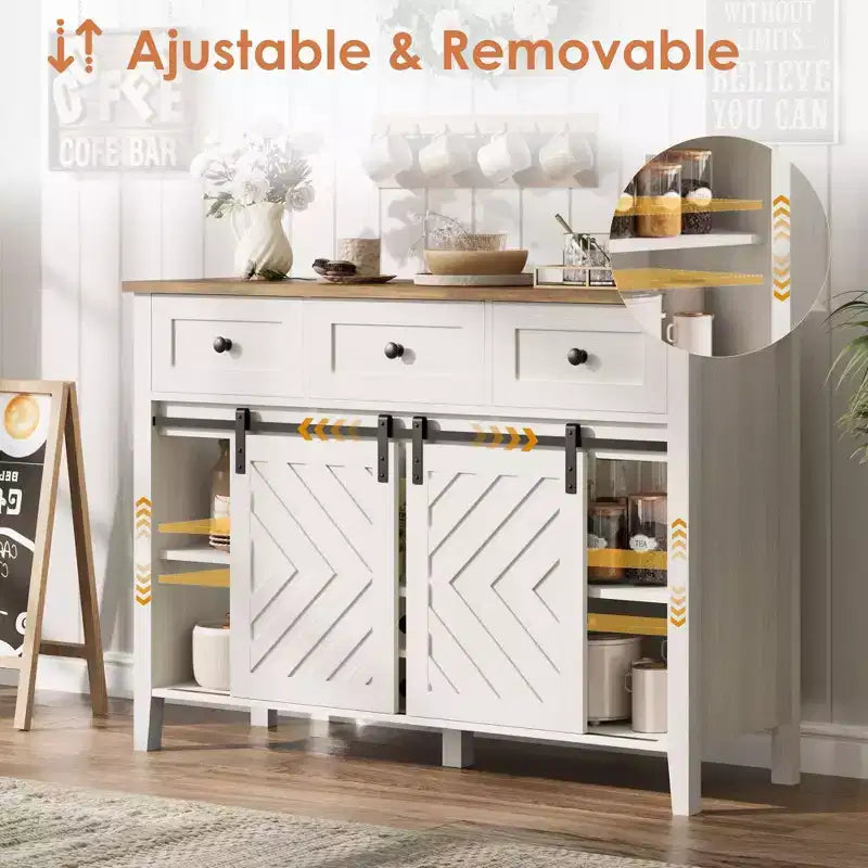 Buffet de ferme avec porte coulissante, vaisselier rustique à 3 tiroirs, porte-bouteilles amovible, buffet de ferme avec étagère réglable