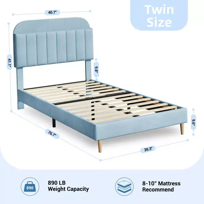 Cadre de lit simple avec tête de lit de rangement, plateforme de lit capitonnée en velours pour enfants, lattes en bois solides, sans bruit, bleu clair