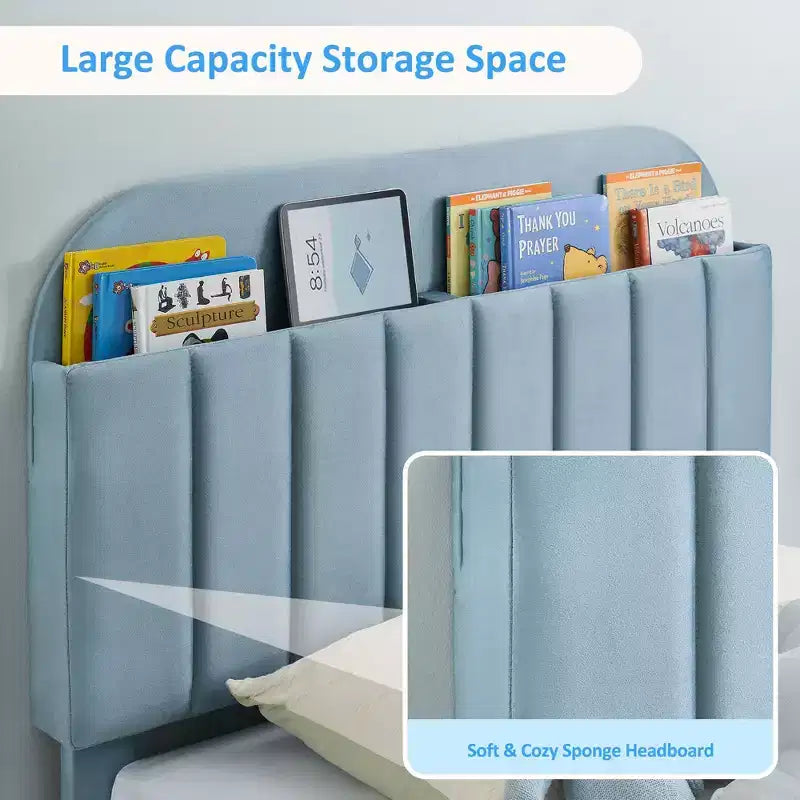 Cadre de lit simple avec tête de lit de rangement, plateforme de lit capitonnée en velours pour enfants, lattes en bois solides, sans bruit, bleu clair