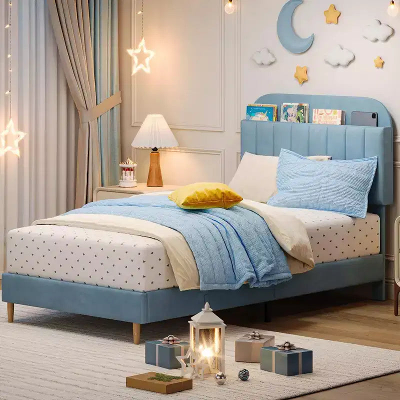 Cadre de lit simple avec tête de lit de rangement, plateforme de lit capitonnée en velours pour enfants, lattes en bois solides, sans bruit, bleu clair
