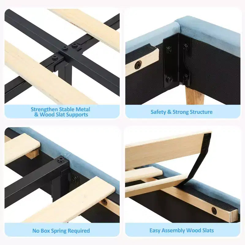 Cadre de lit simple avec tête de lit de rangement, plateforme de lit capitonnée en velours pour enfants, lattes en bois solides, sans bruit, bleu clair