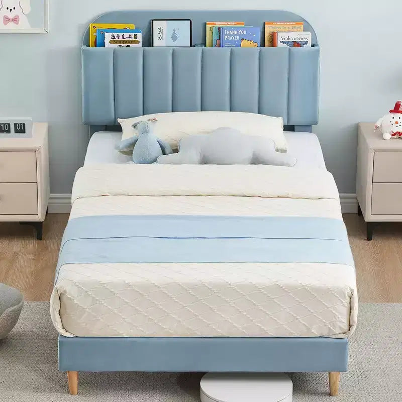 Cadre de lit simple avec tête de lit de rangement, plateforme de lit capitonnée en velours pour enfants, lattes en bois solides, sans bruit, bleu clair