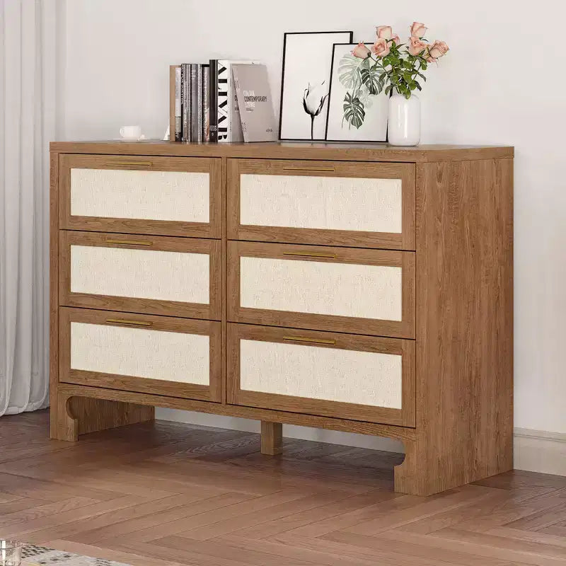 Commode à 6 tiroirs pour chambre à coucher, commode moderne du milieu du siècle en bois et toile de jute, armoire de rangement