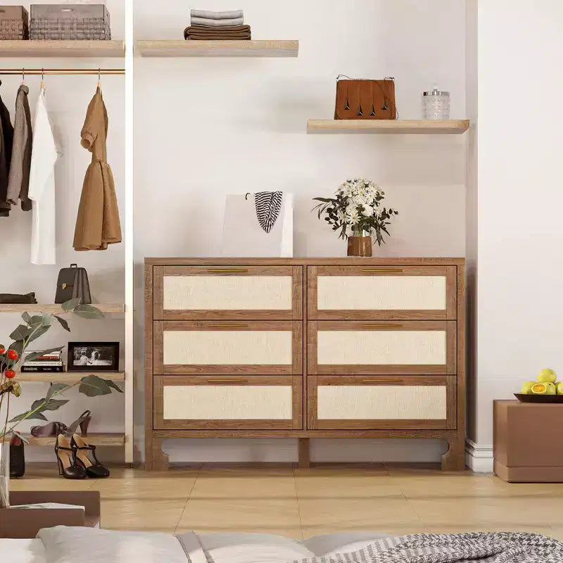 Commode à 6 tiroirs pour chambre à coucher, commode moderne du milieu du siècle en bois et toile de jute, armoire de rangement