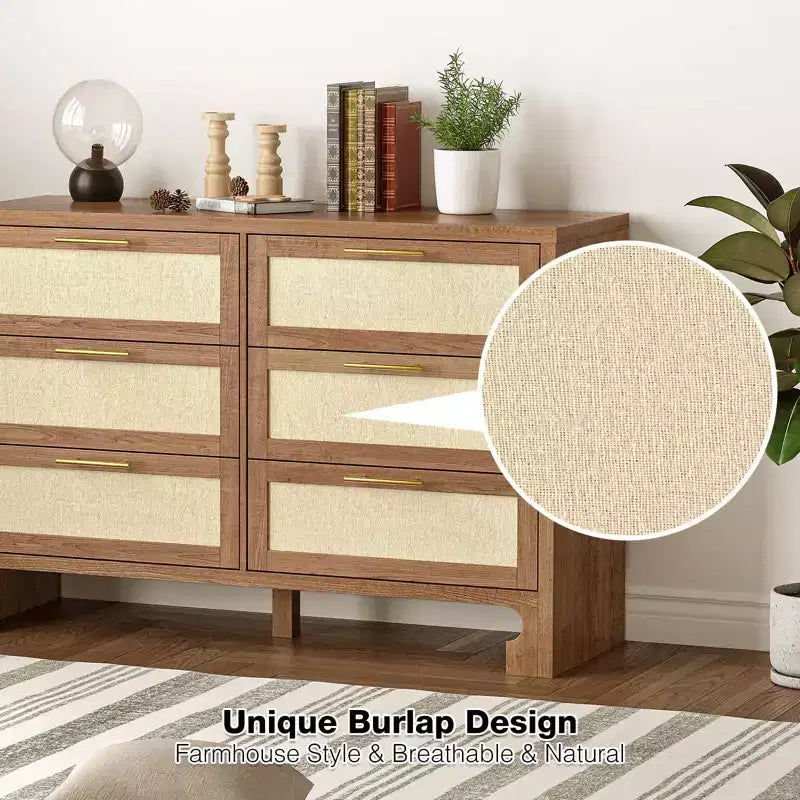 Commode à 6 tiroirs pour chambre à coucher, commode moderne du milieu du siècle en bois et toile de jute, armoire de rangement