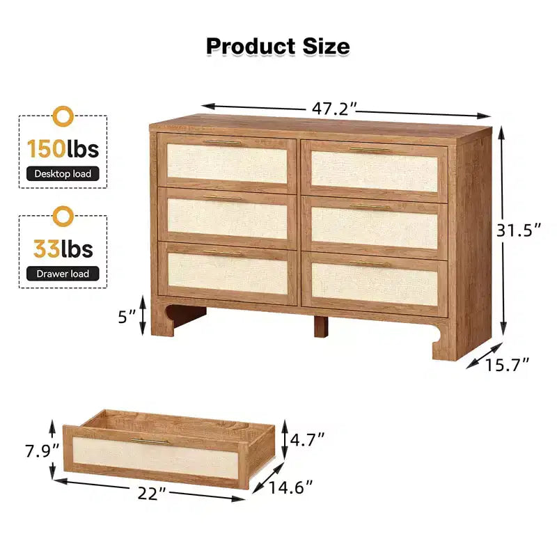 Commode à 6 tiroirs pour chambre à coucher, commode moderne du milieu du siècle en bois et toile de jute, armoire de rangement