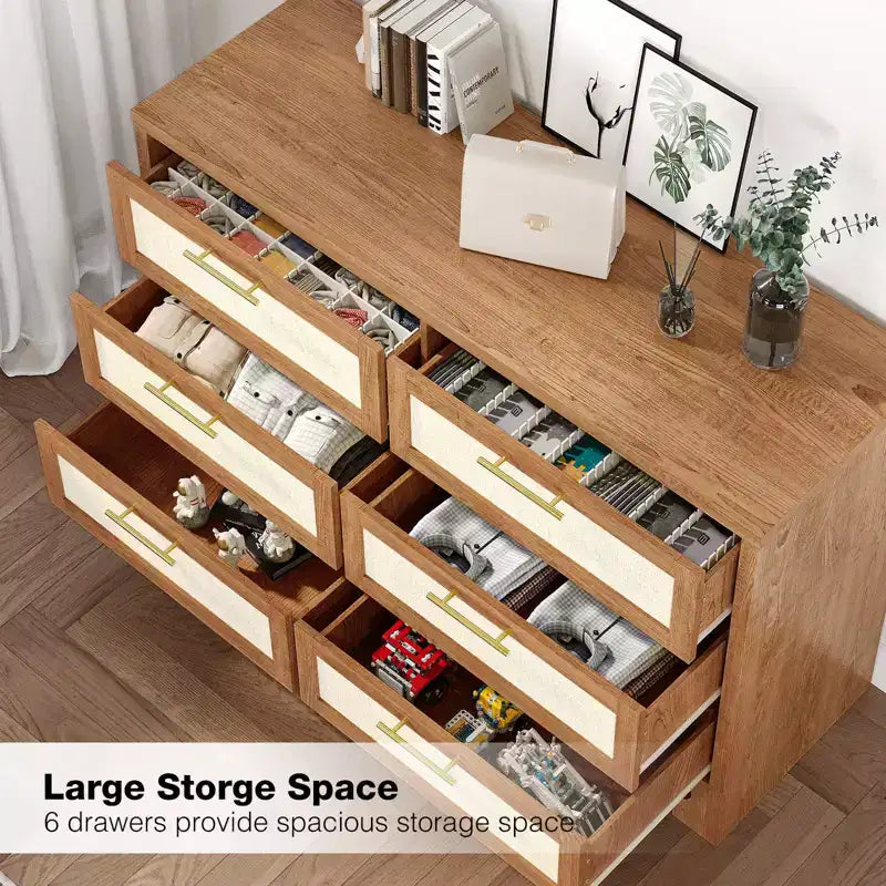 Commode à 6 tiroirs pour chambre à coucher, commode moderne du milieu du siècle en bois et toile de jute, armoire de rangement