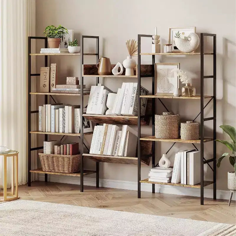 Bibliothèque industrielle, bibliothèque industrielle triple largeur à 4 niveaux avec étagères ouvertes, étagères de platine vinyle ouvertes avec cadre métallique pour bureau à domicile