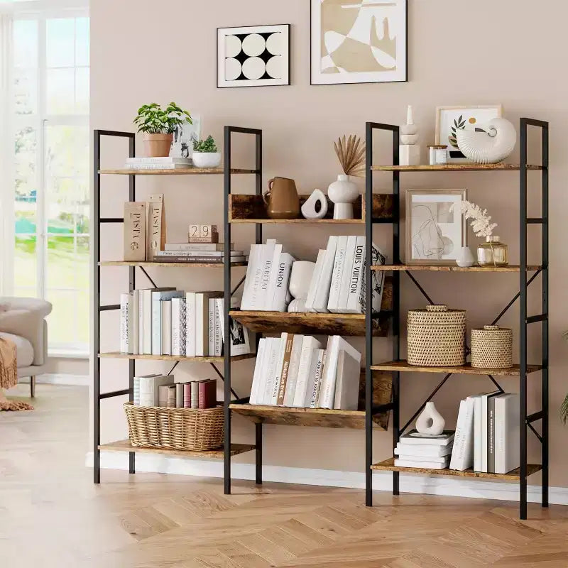 Bibliothèque industrielle, bibliothèque industrielle triple largeur à 4 niveaux avec étagères ouvertes, étagères de platine vinyle ouvertes avec cadre métallique pour bureau à domicile