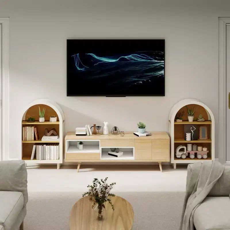 Bibliothèque de rangement moderne à 3 niveaux de 95 cm de haut avec arche