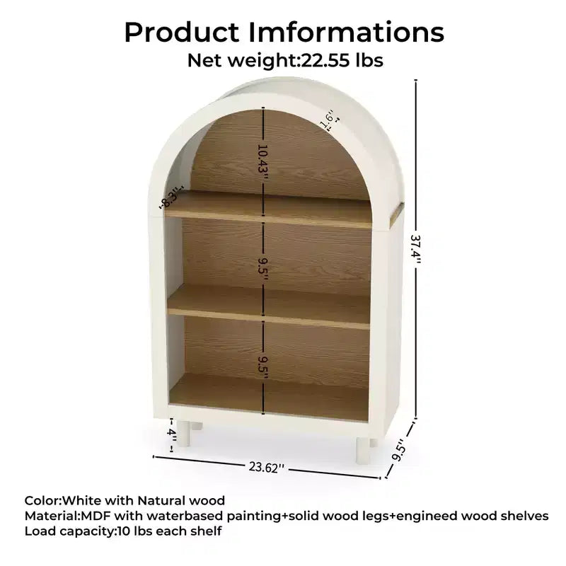 Bibliothèque de rangement moderne à 3 niveaux de 95 cm de haut avec arche