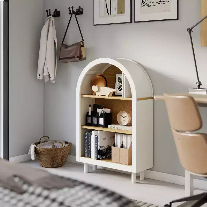 Bibliothèque de rangement moderne à 3 niveaux de 95 cm de haut avec arche