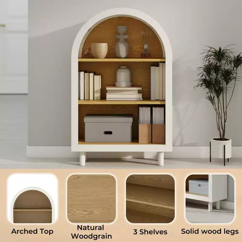 Bibliothèque de rangement moderne à 3 niveaux de 95 cm de haut avec arche