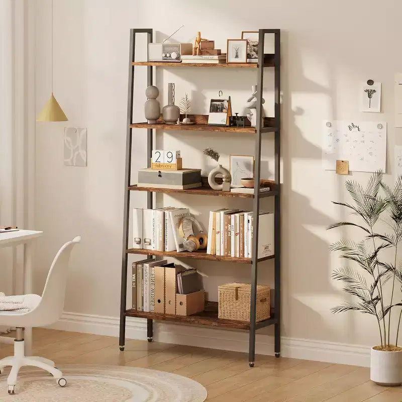 Étagère haute, bibliothèque à 5 niveaux avec étagères ouvertes, meuble de rangement en bois style ferme avec pieds réglables, organisateur d'étagères en métal pour chambre à coucher