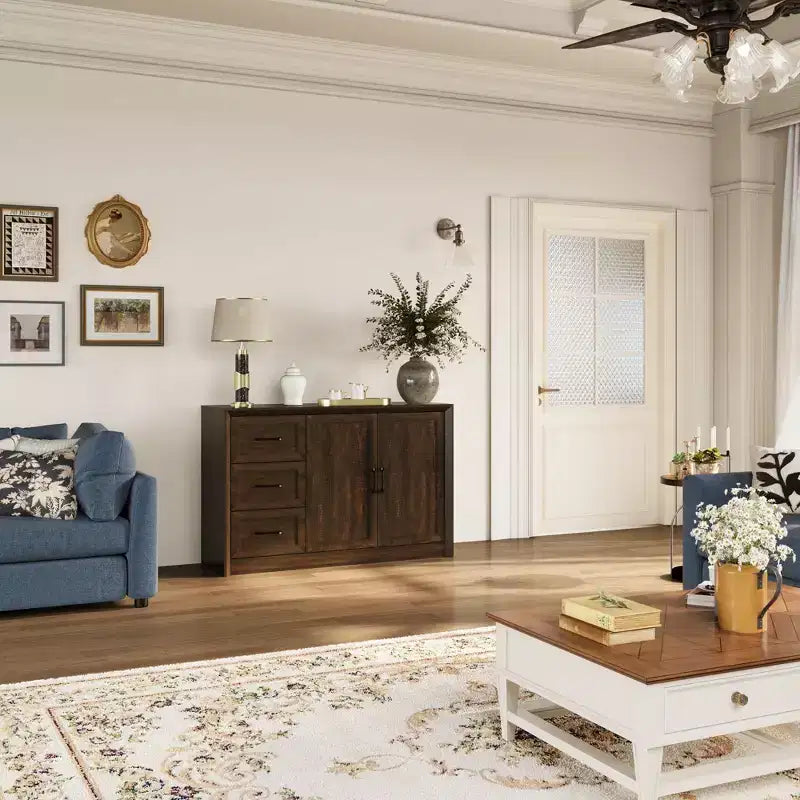 Meuble de Rangement/Buffet de Cuisine Effet Bois avec Dispositif Anti-Basculement, 3 Tiroirs + 2 Portes pour Cuisine ou Salon