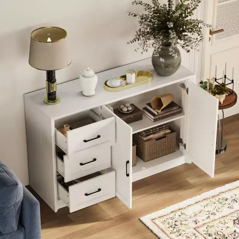 Meuble de Rangement/Buffet de Cuisine Effet Bois avec Dispositif Anti-Basculement, 3 Tiroirs + 2 Portes pour Cuisine ou Salon