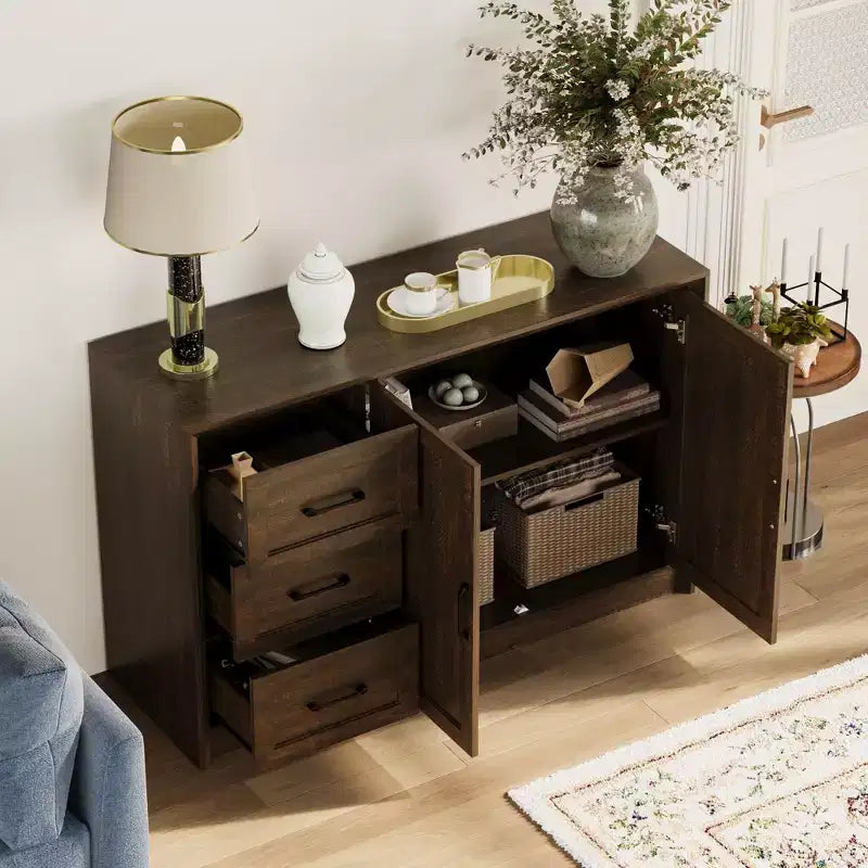 Meuble de Rangement/Buffet de Cuisine Effet Bois avec Dispositif Anti-Basculement, 3 Tiroirs + 2 Portes pour Cuisine ou Salon