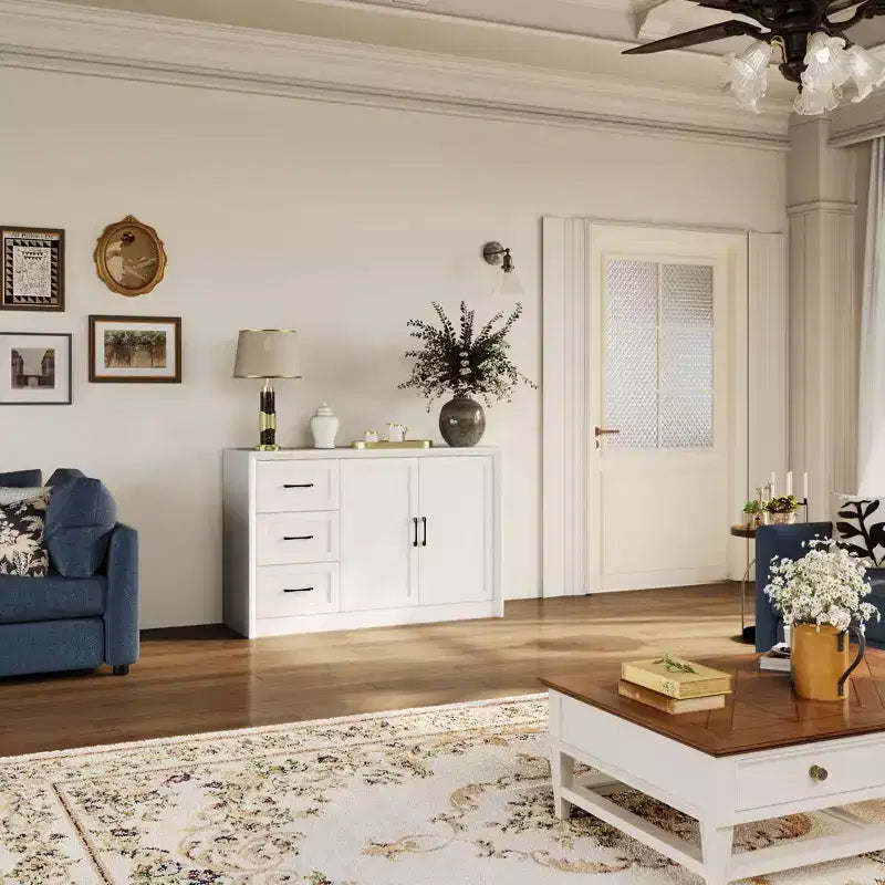 Meuble de Rangement/Buffet de Cuisine Effet Bois avec Dispositif Anti-Basculement, 3 Tiroirs + 2 Portes pour Cuisine ou Salon