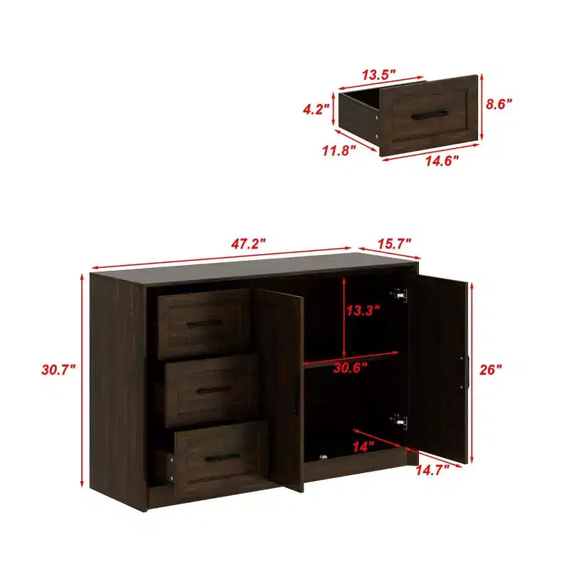 Meuble de Rangement/Buffet de Cuisine Effet Bois avec Dispositif Anti-Basculement, 3 Tiroirs + 2 Portes pour Cuisine ou Salon