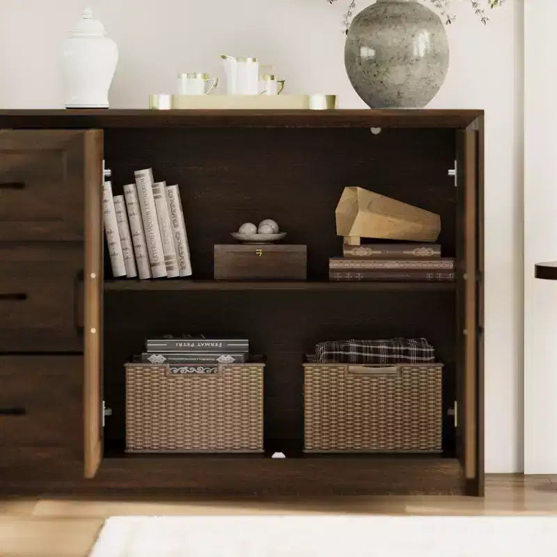 Meuble de Rangement/Buffet de Cuisine Effet Bois avec Dispositif Anti-Basculement, 3 Tiroirs + 2 Portes pour Cuisine ou Salon