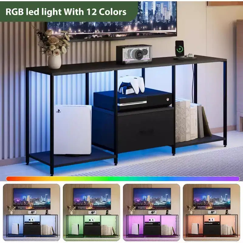 Meuble TV LED pour téléviseurs jusqu'à 55 pouces, meuble de divertissement avec lumières LED et étagères de rangement ouvertes, console multimédia moderne pour salon, chambre à coucher