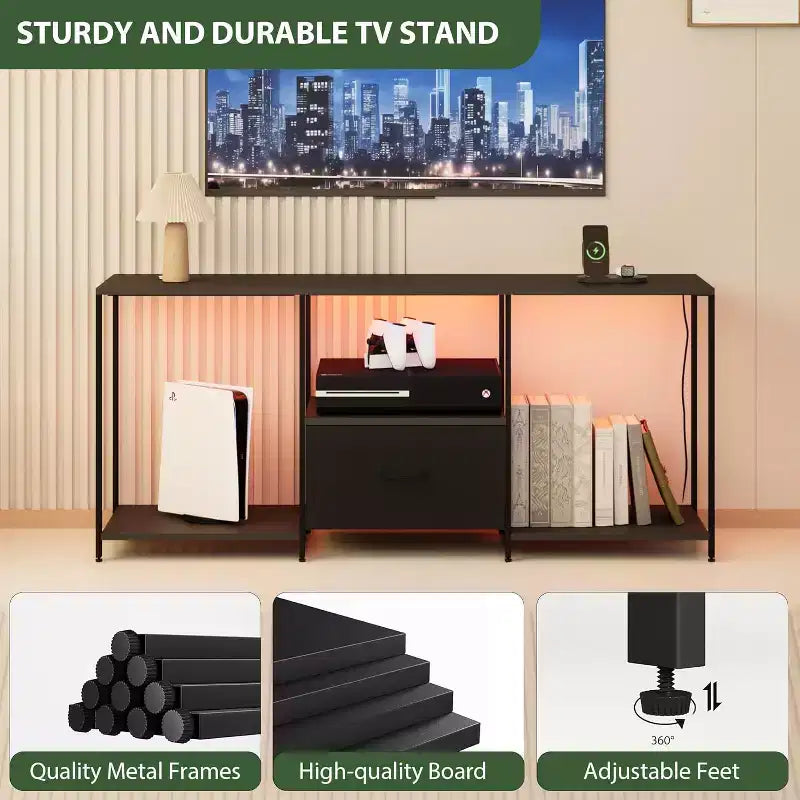 Meuble TV LED pour téléviseurs jusqu'à 55 pouces, meuble de divertissement avec lumières LED et étagères de rangement ouvertes, console multimédia moderne pour salon, chambre à coucher