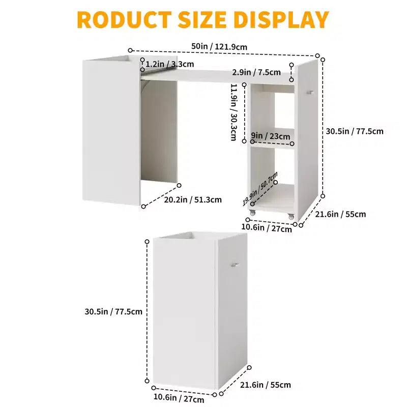 Bureau d'ordinateur pliable de 50 pouces avec étagère, table d'extension de bureau à domicile avec roues, petit bureau d'étude avec étagères de rangement sans dossier