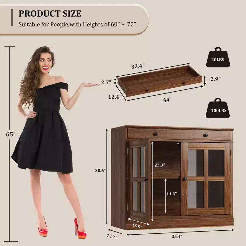 35,4 Buffets Bahuts avec Porte Vitrée, Meuble de Rangement pour Salle à Manger, Cuisine