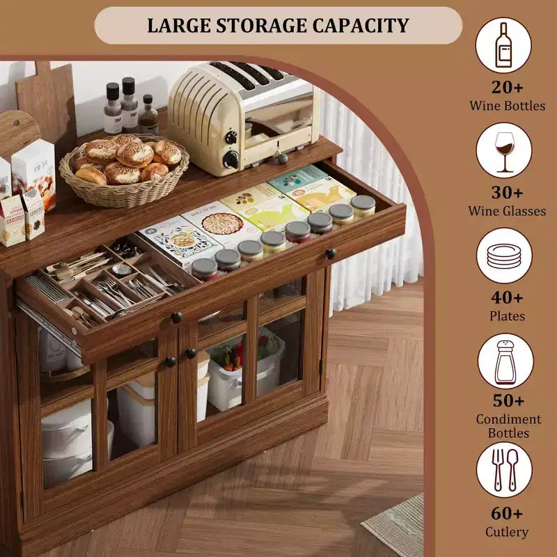 35,4 Buffets Bahuts avec Porte Vitrée, Meuble de Rangement pour Salle à Manger, Cuisine